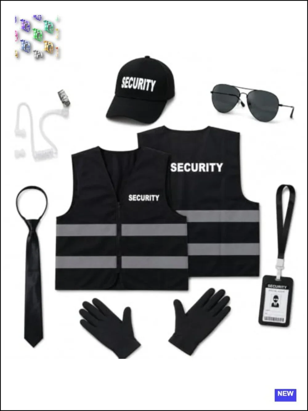 7pc Security Guard Costume Set Reflective Vest Hat Glasses Earpiece Halloween